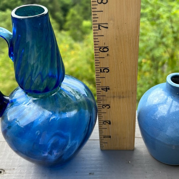 set of 2 vintage blue vases, blown glass swirl and stoneware - Picture 3 of 15